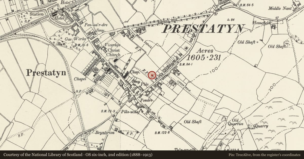 Ordnance Survey six-inch map, 2nd edition (1888–1913) covering the location of Catholic Church of Ss Peter and Frances, Prestatyn, Denbighshire, with a pin at the register's coordinates