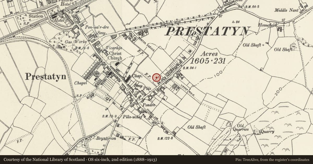 Ordnance Survey six-inch map, 2nd edition (1888–1913) covering the location of Presbytery at Catholic Church of SS Peter and Frances, Prestatyn, Denbighshire, with a pin at the register's coordinates