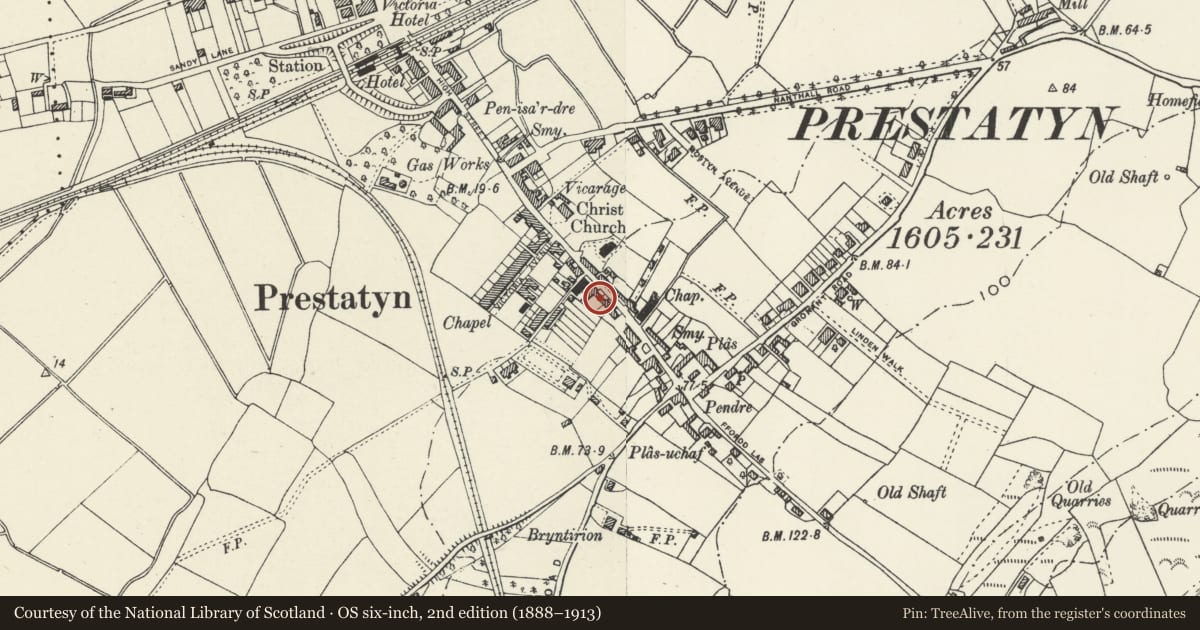Ordnance Survey six-inch map, 2nd edition (1888–1913) covering the location of Presents With A Difference, Prestatyn, Denbighshire, with a pin at the register's coordinates