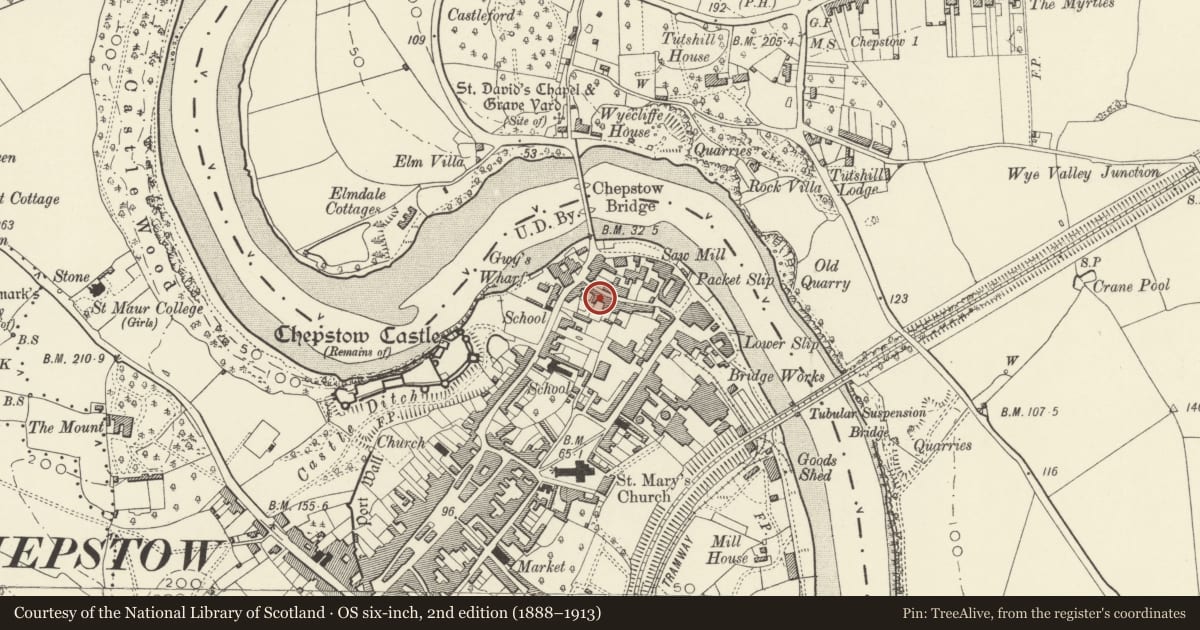 Ordnance Survey six-inch map, 2nd edition (1888–1913) covering the location of 6 St Ann Street, Chepstow, Monmouthshire, with a pin at the register's coordinates