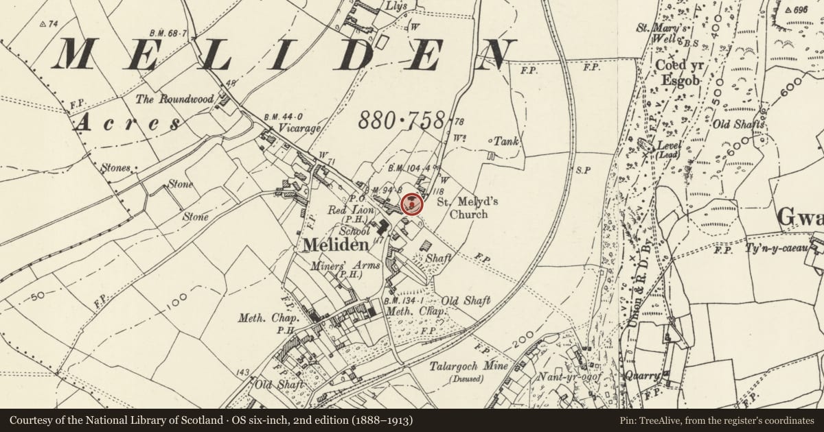 Ordnance Survey six-inch map, 2nd edition (1888–1913) covering the location of Lychgate at Church of St Melyd, Prestatyn, Denbighshire, with a pin at the register's coordinates