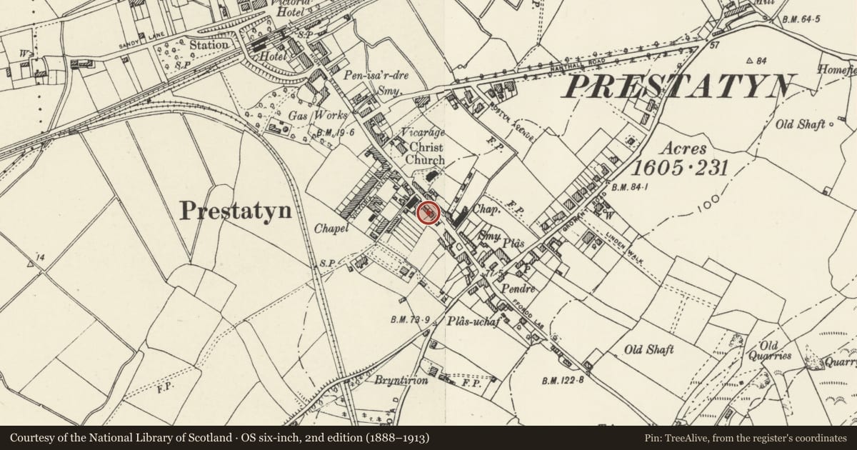 Ordnance Survey six-inch map, 2nd edition (1888–1913) covering the location of Shelter Shop, Prestatyn, Denbighshire, with a pin at the register's coordinates