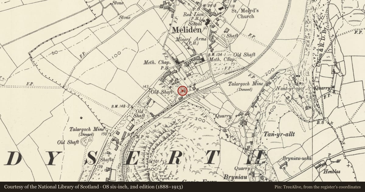 Ordnance Survey six-inch map, 2nd edition (1888–1913) covering the location of Retaining Wall of Meliden Railway Yard, Prestatyn, Denbighshire, with a pin at the register's coordinates