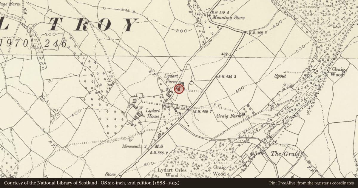 Ordnance Survey six-inch map, 2nd edition (1888–1913) covering the location of Lydart Farmhouse, Mitchel Troy, Monmouthshire, with a pin at the register's coordinates