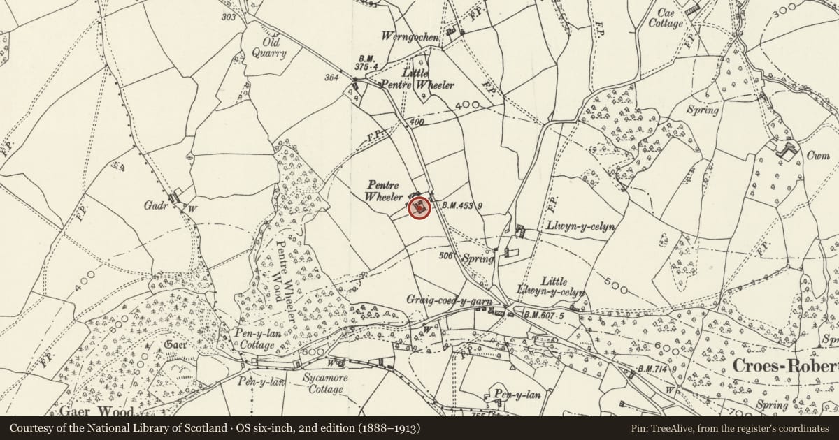 Ordnance Survey six-inch map, 2nd edition (1888–1913) covering the location of Barn with integral stable and attached shelter shed to S of Pentre Wheeler Farmhouse, Mitchel Troy, Monmouthshire, with a pin at the register's coordinates