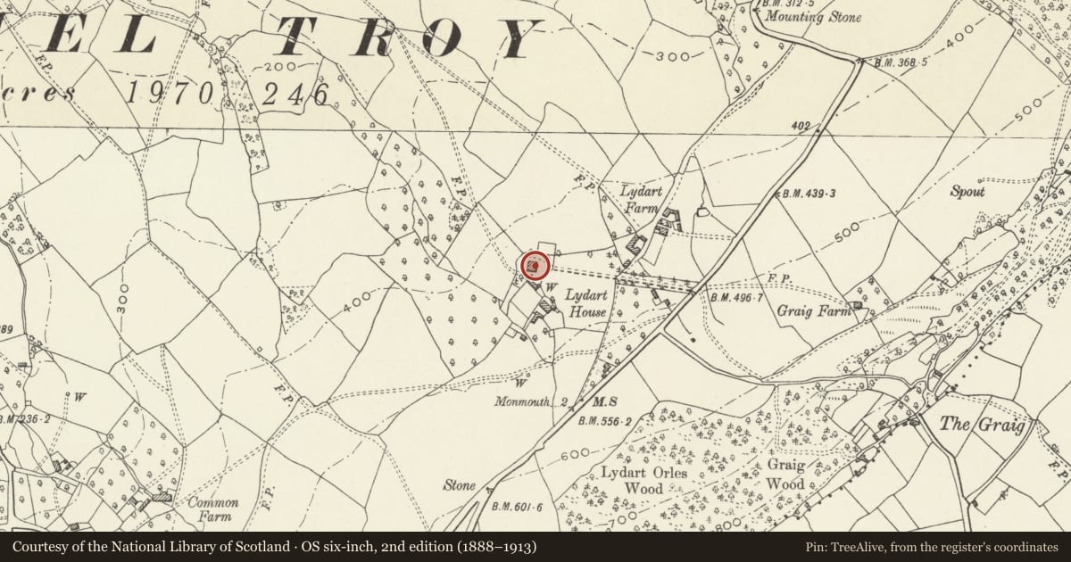 Ordnance Survey six-inch map, 2nd edition (1888–1913) covering the location of Lydart House, Mitchel Troy, Monmouthshire, with a pin at the register's coordinates