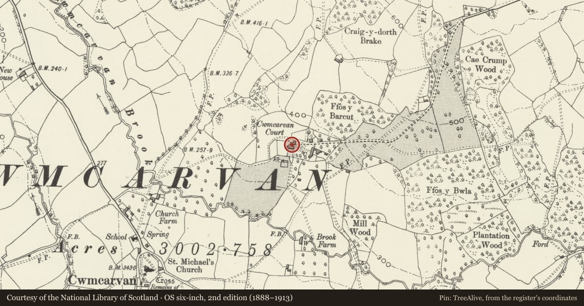 Ordnance Survey six-inch map, 2nd edition (1888–1913) covering the location of Cwmcarvan Court, Mitchel Troy, Monmouthshire, with a pin at the register's coordinates
