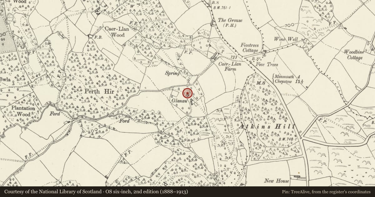 Ordnance Survey six-inch map, 2nd edition (1888–1913) covering the location of Glanau Farm, Mitchel Troy, Monmouthshire, with a pin at the register's coordinates