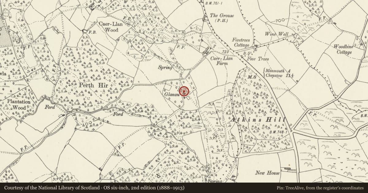 Ordnance Survey six-inch map, 2nd edition (1888–1913) covering the location of Agriculture and Subsistence, Mitchel Troy, Monmouthshire, with a pin at the register's coordinates