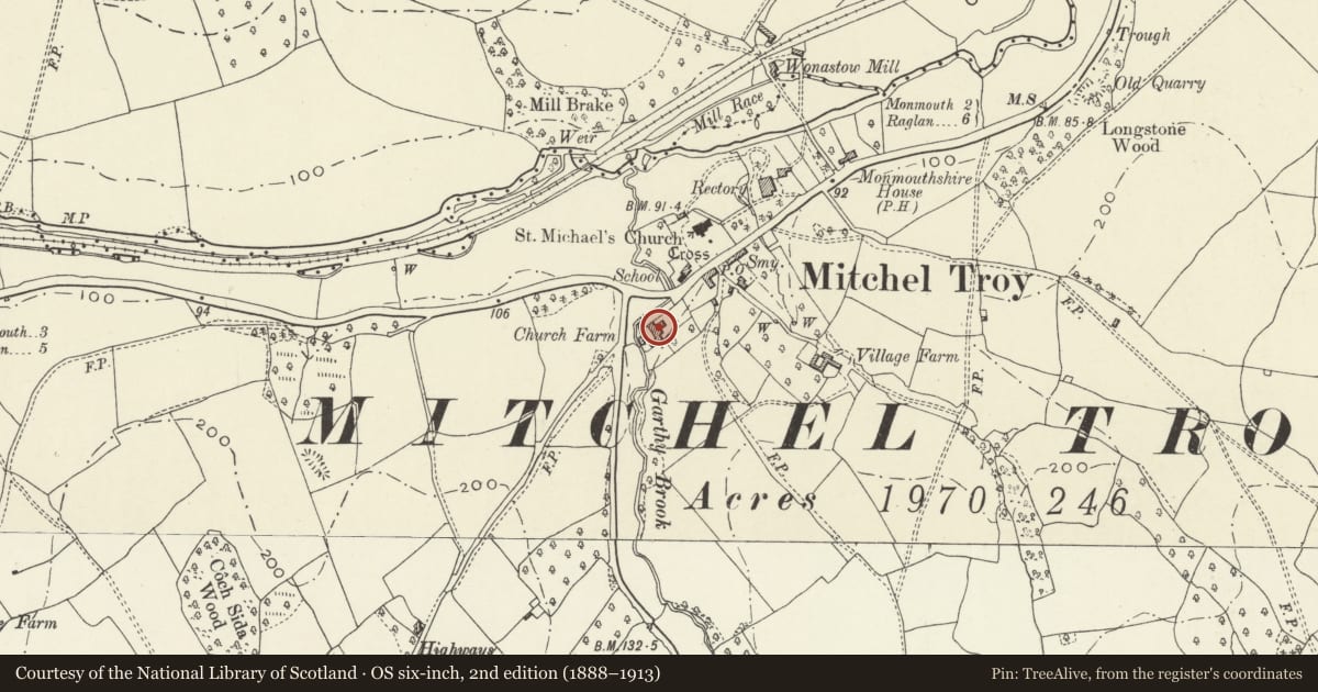 Ordnance Survey six-inch map, 2nd edition (1888–1913) covering the location of Church Farmhouse, Mitchel Troy, Monmouthshire, with a pin at the register's coordinates