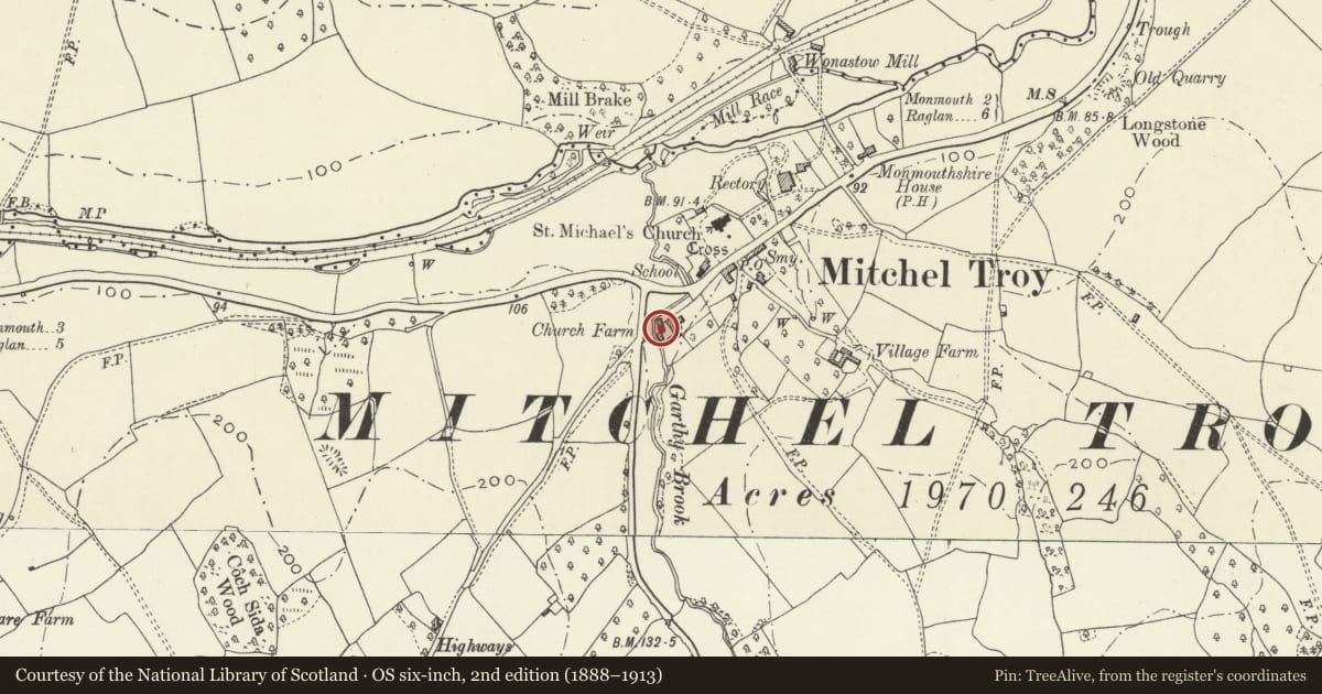 Ordnance Survey six-inch map, 2nd edition (1888–1913) covering the location of Church Farmhouse, Barn to W, Mitchel Troy, Monmouthshire, with a pin at the register's coordinates
