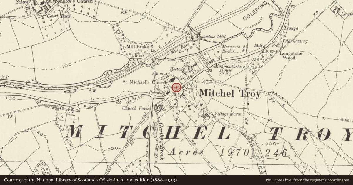 Ordnance Survey six-inch map, 2nd edition (1888–1913) covering the location of Lychgate to Church of St Michael, Mitchel Troy, Monmouthshire, with a pin at the register's coordinates