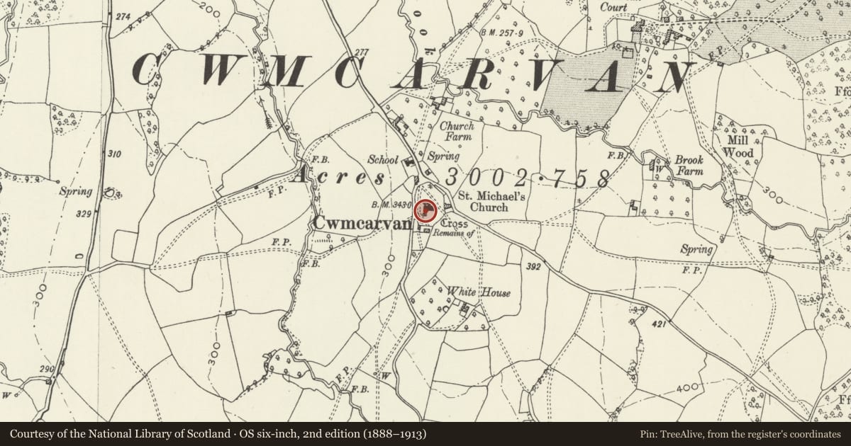 Ordnance Survey six-inch map, 2nd edition (1888–1913) covering the location of Cross in churchyard of the church of St Catwg, Mitchel Troy, Monmouthshire, with a pin at the register's coordinates