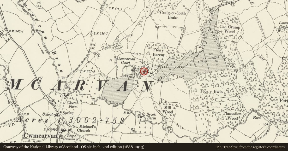 Ordnance Survey six-inch map, 2nd edition (1888–1913) covering the location of Barn range to E of Cwmcarvan Court, Mitchel Troy, Monmouthshire, with a pin at the register's coordinates