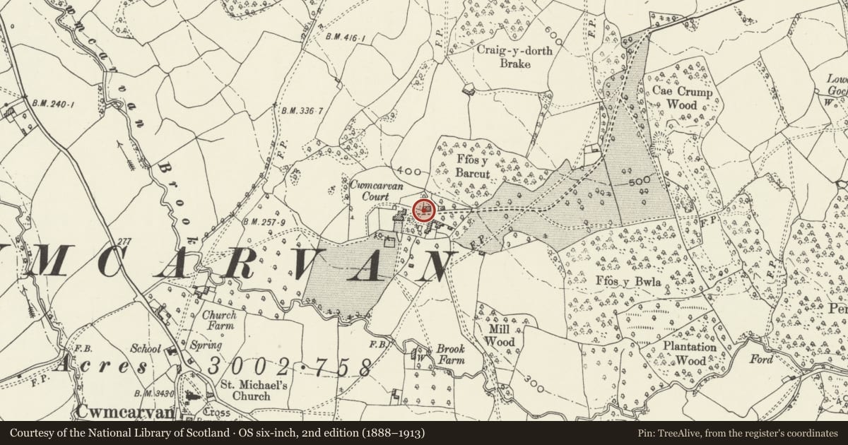 Ordnance Survey six-inch map, 2nd edition (1888–1913) covering the location of Mounting block at Cwmcarvan Court, Mitchel Troy, Monmouthshire, with a pin at the register's coordinates