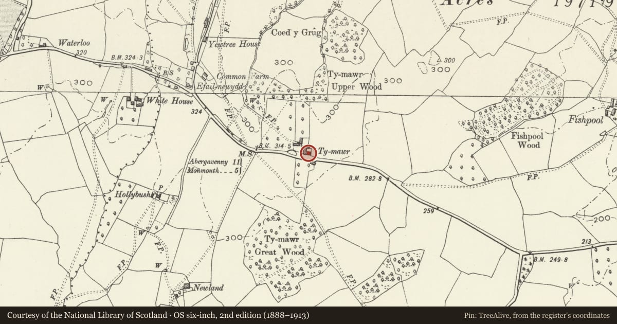 Ordnance Survey six-inch map, 2nd edition (1888–1913) covering the location of Brick barn to E of Ty Mawr Gatehouse, with attached milkhouse, Mitchel Troy, Monmouthshire, with a pin at the register's coordinates
