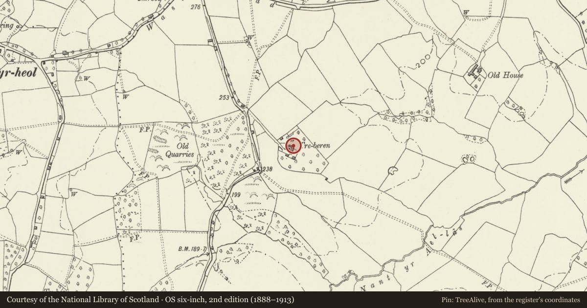 Ordnance Survey six-inch map, 2nd edition (1888–1913) covering the location of Barn approx. 10m E of Treberren Farmhouse, Mitchel Troy, Monmouthshire, with a pin at the register's coordinates