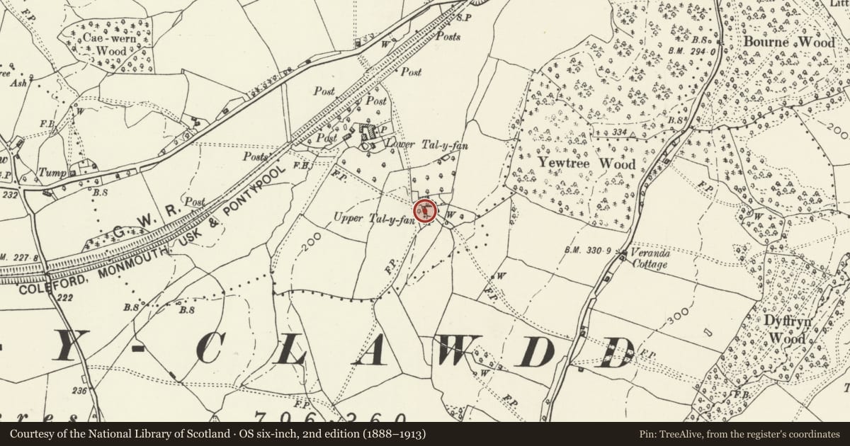 Ordnance Survey six-inch map, 2nd edition (1888–1913) covering the location of Upper Tal-y-fan, Mitchel Troy, Monmouthshire, with a pin at the register's coordinates