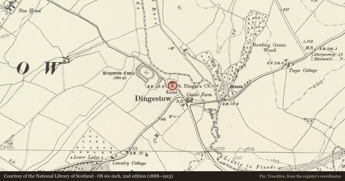 Ordnance Survey six-inch map, 2nd edition (1888–1913) covering the location of Cross in churchyard of the church of St Dingat, Mitchel Troy, Monmouthshire, with a pin at the register's coordinates