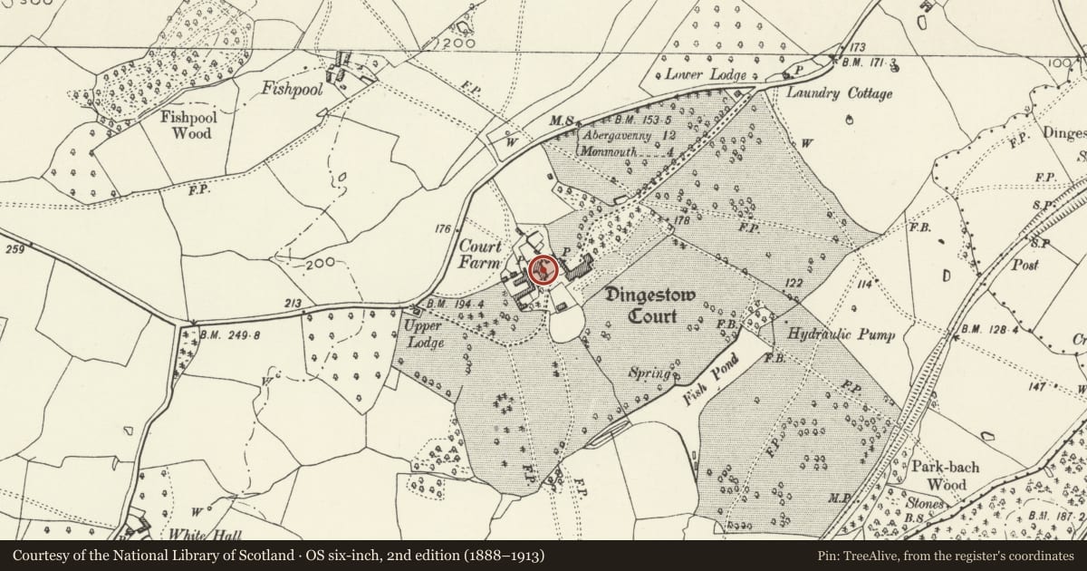 Ordnance Survey six-inch map, 2nd edition (1888–1913) covering the location of Former stable block at Dingestow Court, Mitchel Troy, Monmouthshire, with a pin at the register's coordinates