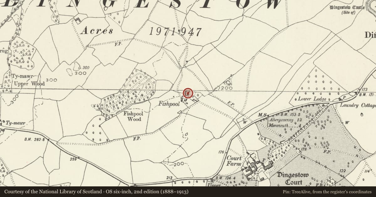 Ordnance Survey six-inch map, 2nd edition (1888–1913) covering the location of Fishpool Farmhouse: front range, Mitchel Troy, Monmouthshire, with a pin at the register's coordinates
