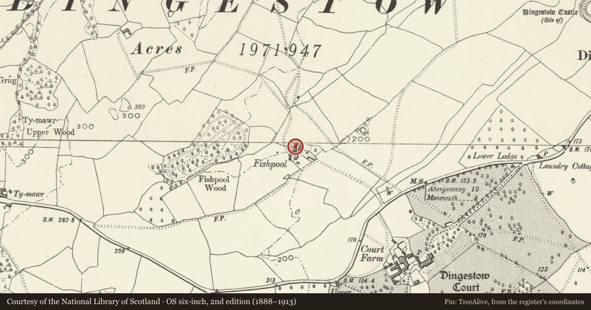 Ordnance Survey six-inch map, 2nd edition (1888–1913) covering the location of Fishpool Farmhouse: rear range, Mitchel Troy, Monmouthshire, with a pin at the register's coordinates