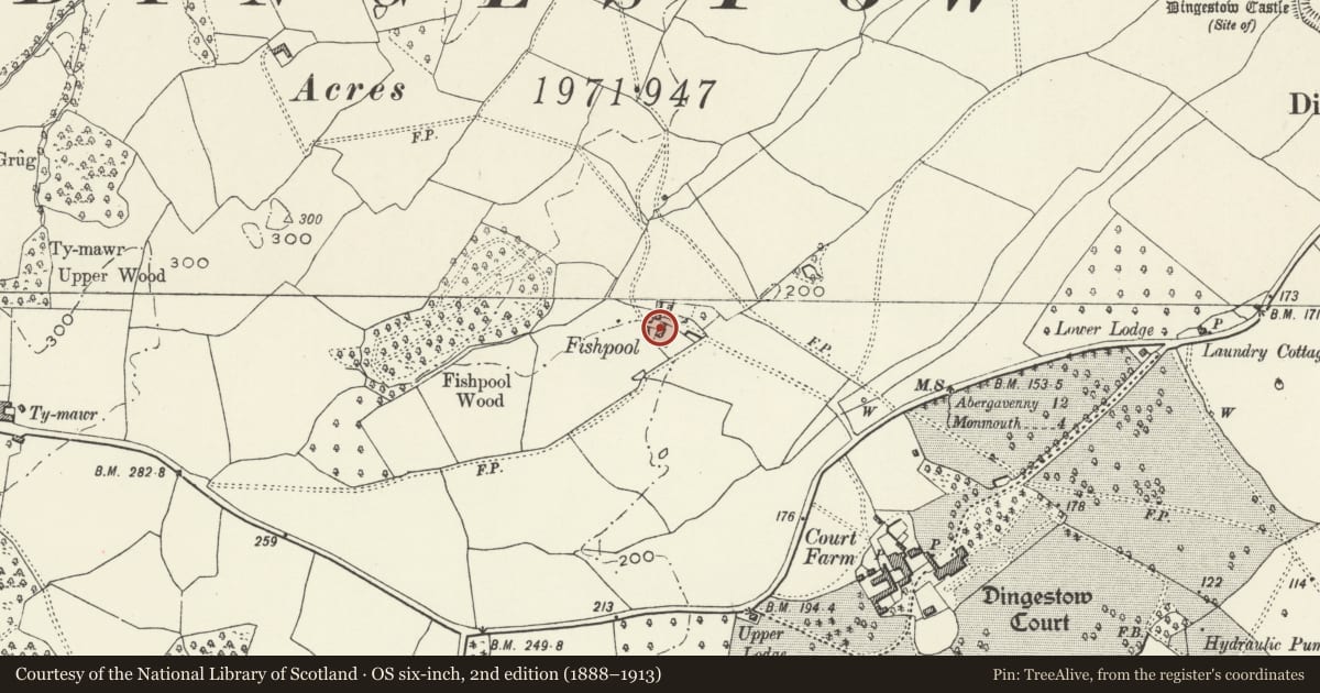 Ordnance Survey six-inch map, 2nd edition (1888–1913) covering the location of Timber-framed barn at Fishpool Farm, Mitchel Troy, Monmouthshire, with a pin at the register's coordinates