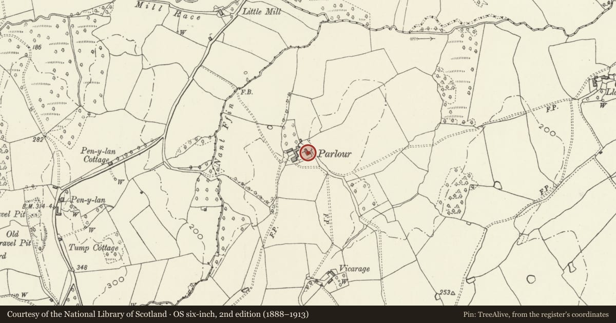 Ordnance Survey six-inch map, 2nd edition (1888–1913) covering the location of Parlour Farmhouse, Mitchel Troy, Monmouthshire, with a pin at the register's coordinates