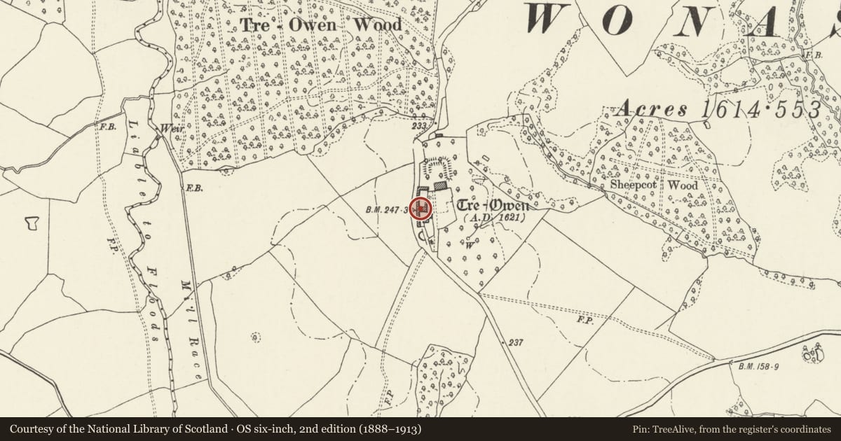 Ordnance Survey six-inch map, 2nd edition (1888–1913) covering the location of Range of farm buildings at Tre-Owen Farm, Mitchel Troy, Monmouthshire, with a pin at the register's coordinates
