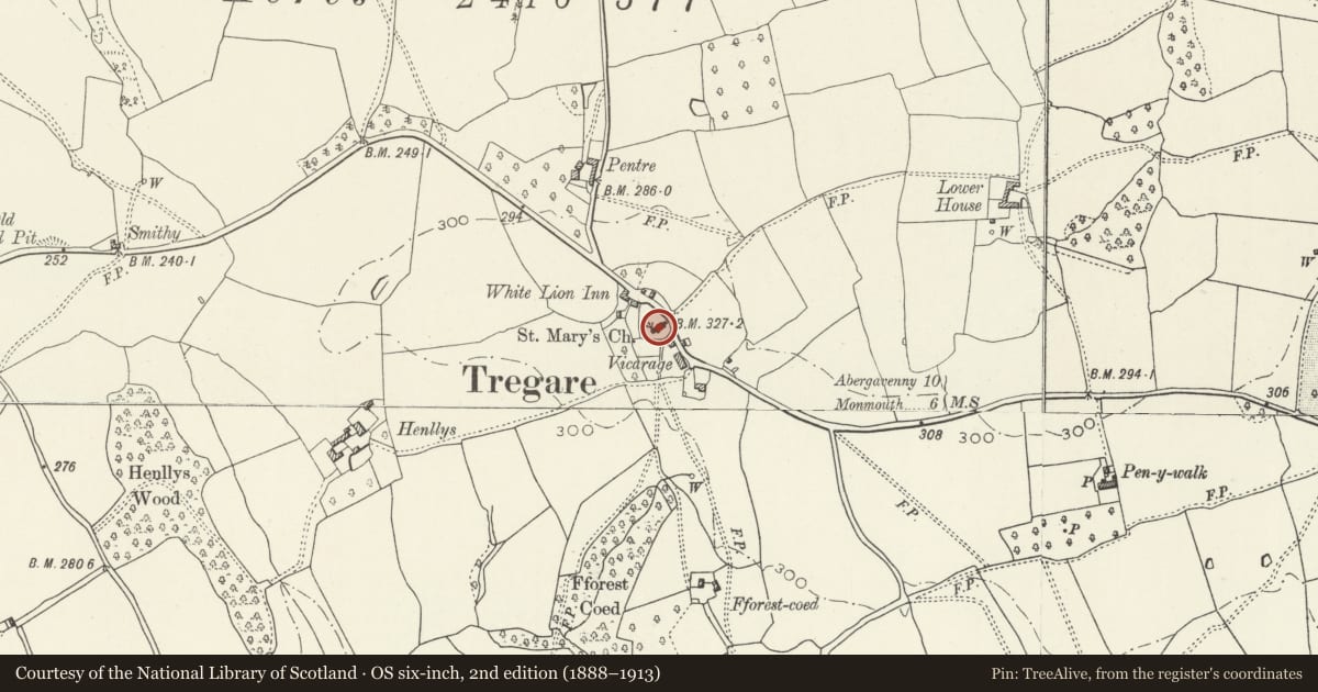 Ordnance Survey six-inch map, 2nd edition (1888–1913) covering the location of Church of St Mary, Mitchel Troy, Monmouthshire, with a pin at the register's coordinates