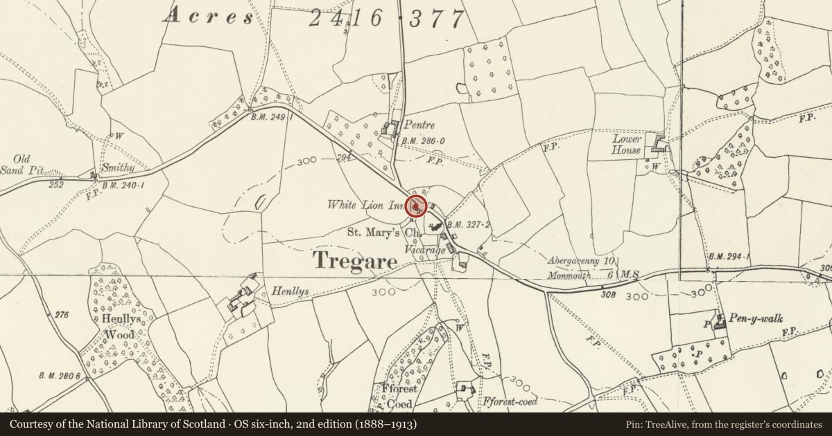 Ordnance Survey six-inch map, 2nd edition (1888–1913) covering the location of White Lion Cottage, Mitchel Troy, Monmouthshire, with a pin at the register's coordinates