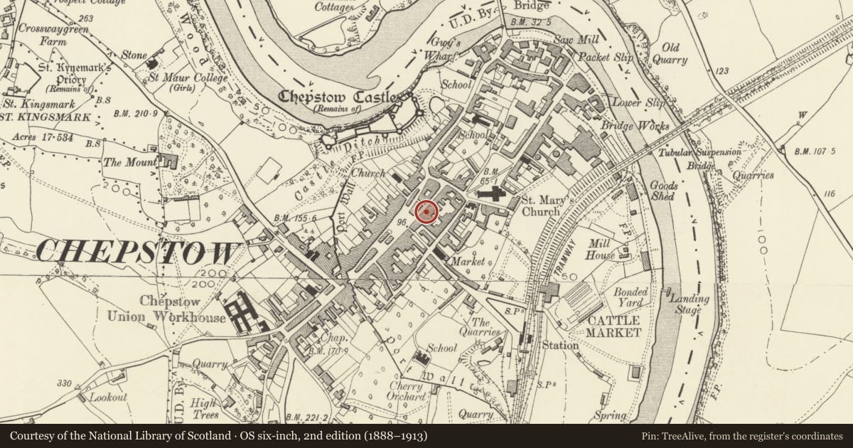 Ordnance Survey six-inch map, 2nd edition (1888–1913) covering the location of 4&5 St Mary Street, Chepstow, Monmouthshire, with a pin at the register's coordinates