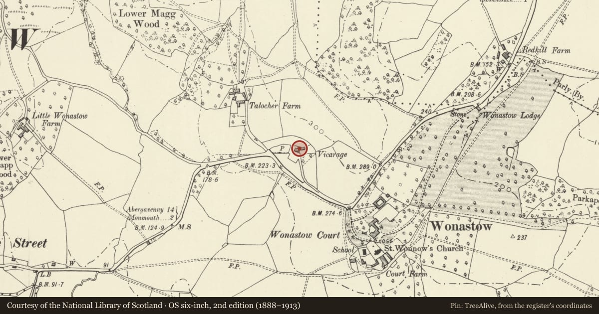 Ordnance Survey six-inch map, 2nd edition (1888–1913) covering the location of Wonastow House, Mitchel Troy, Monmouthshire, with a pin at the register's coordinates