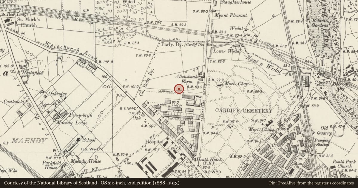Ordnance Survey six-inch map, 2nd edition (1888–1913) covering the location of Allensbank Primary School, Juniors, Gabalfa, Cardiff, with a pin at the register's coordinates