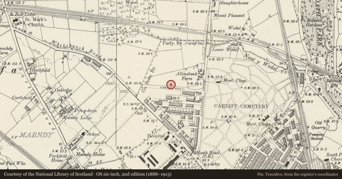 Ordnance Survey six-inch map, 2nd edition (1888–1913) covering the location of Allensbank Primary School, Infants, Gabalfa, Cardiff, with a pin at the register's coordinates