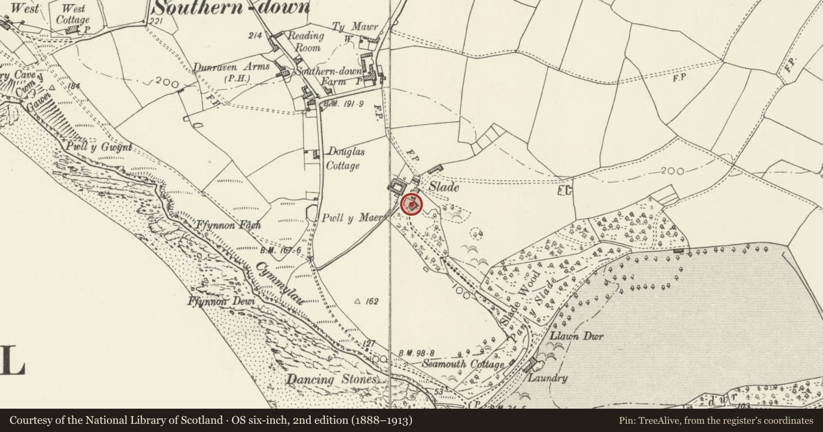 Ordnance Survey six-inch map, 2nd edition (1888–1913) covering the location of Slade, St. Bride's Major, Vale of Glamorgan, with a pin at the register's coordinates