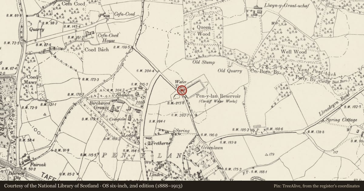 Ordnance Survey six-inch map, 2nd edition (1888–1913) covering the location of Water Tower at Penylan Reservoir, Cardiff, with a pin at the register's coordinates