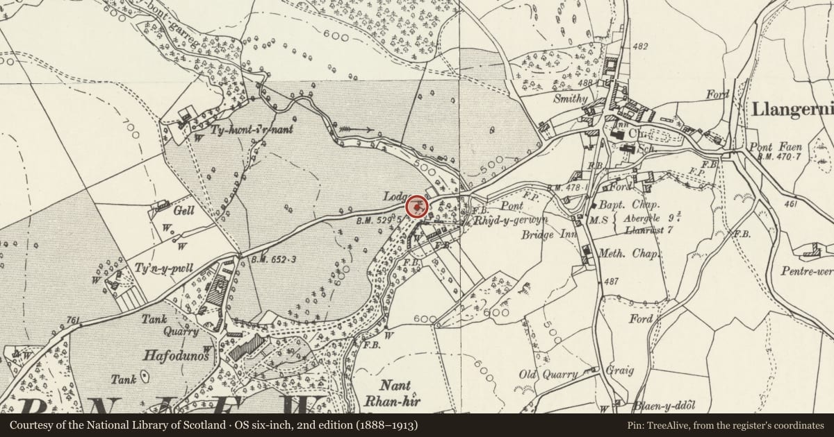 Ordnance Survey six-inch map, 2nd edition (1888–1913) covering the location of Lodge to Hafodunos Hall, Llangernyw, Conwy, with a pin at the register's coordinates