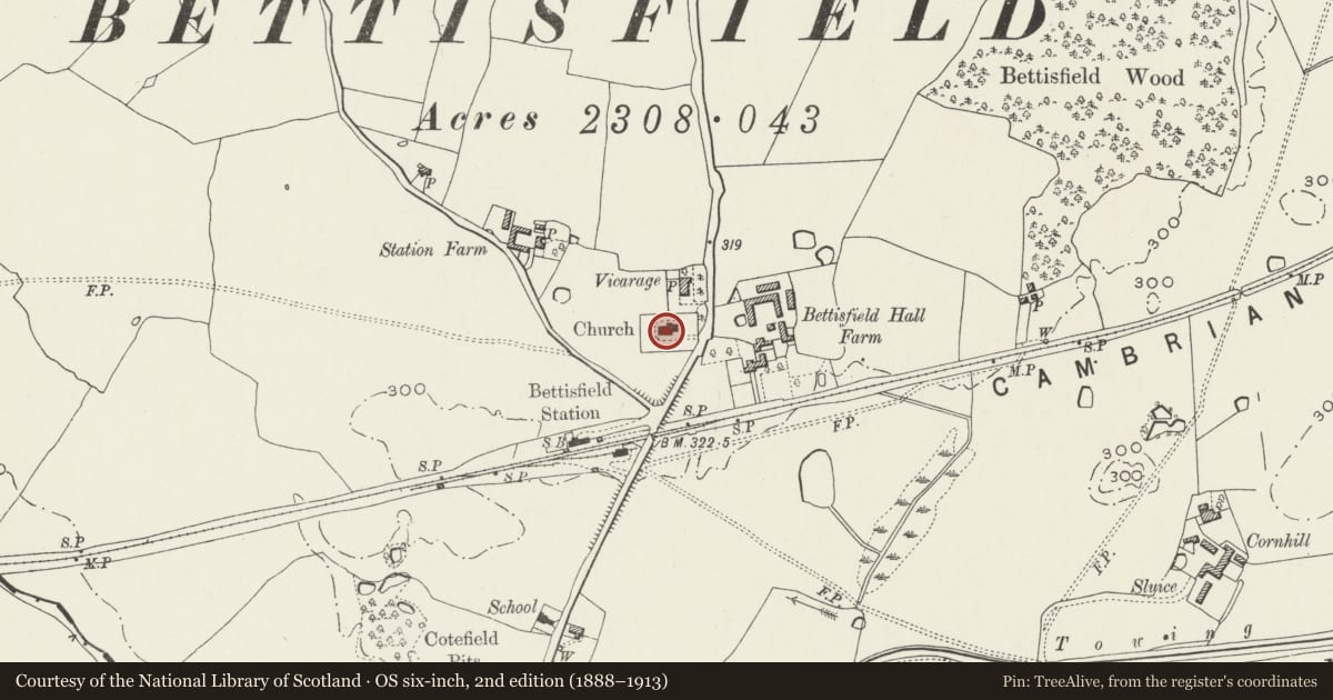Ordnance Survey six-inch map, 2nd edition (1888–1913) covering the location of Church of St John the Baptist, Maelor South, Wrexham, with a pin at the register's coordinates
