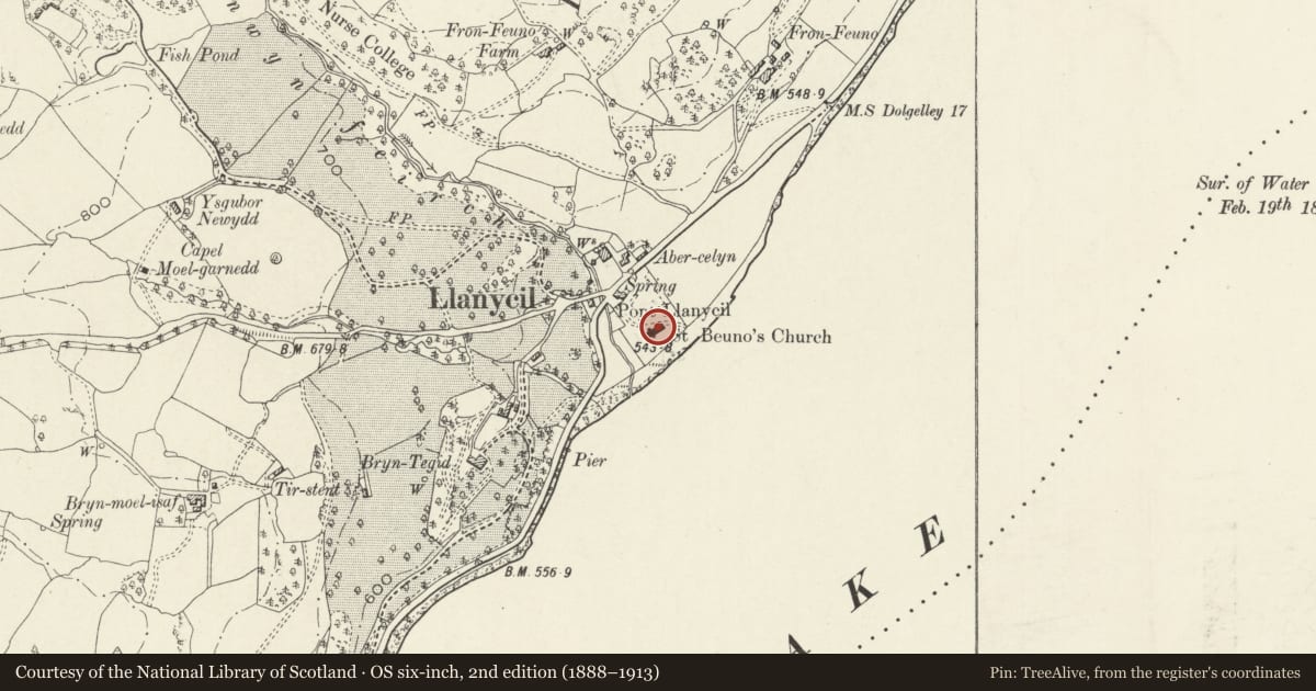 Ordnance Survey six-inch map, 2nd edition (1888–1913) covering the location of Parish Church of St Beuno including two C17 Chest Tombs adjoining at the SW Corner, Llanycil, Gwynedd, with a pin at the register's coordinates