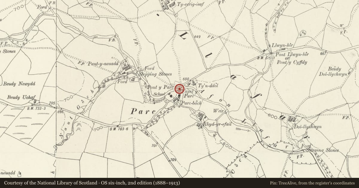 Ordnance Survey six-inch map, 2nd edition (1888–1913) covering the location of Pont-y-Parc, Llanycil, Gwynedd, with a pin at the register's coordinates