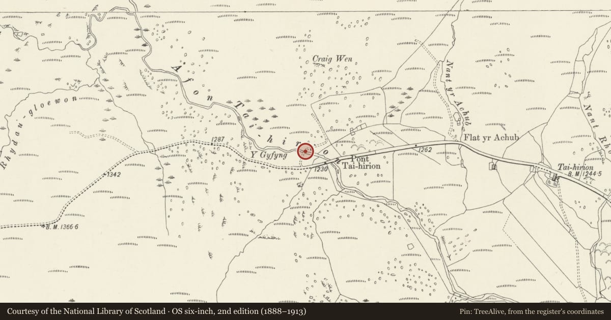 Ordnance Survey six-inch map, 2nd edition (1888–1913) covering the location of Pont y Porthmyn, Llanycil, Gwynedd, with a pin at the register's coordinates