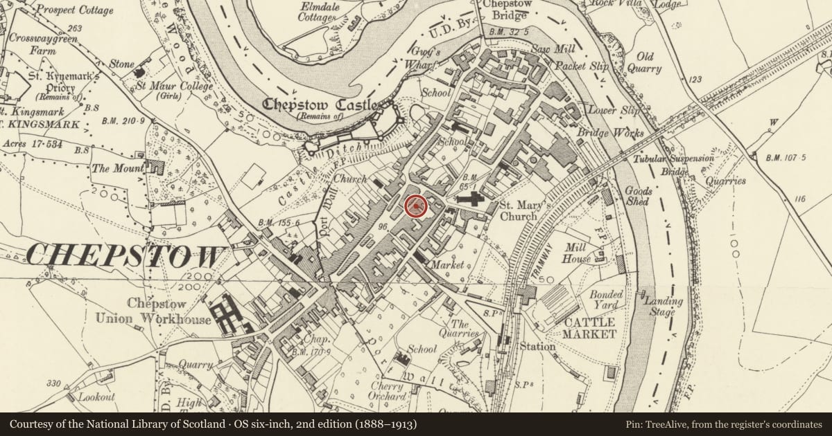 Ordnance Survey six-inch map, 2nd edition (1888–1913) covering the location of 9&10 St Mary Street, Chepstow, Monmouthshire, with a pin at the register's coordinates