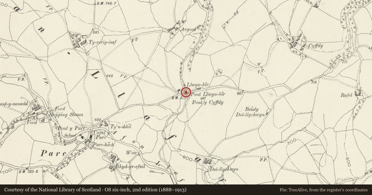 Ordnance Survey six-inch map, 2nd edition (1888–1913) covering the location of Pont Llwyn-Hir (aka Pont-y-Cyffdy), Llanycil, Gwynedd, with a pin at the register's coordinates