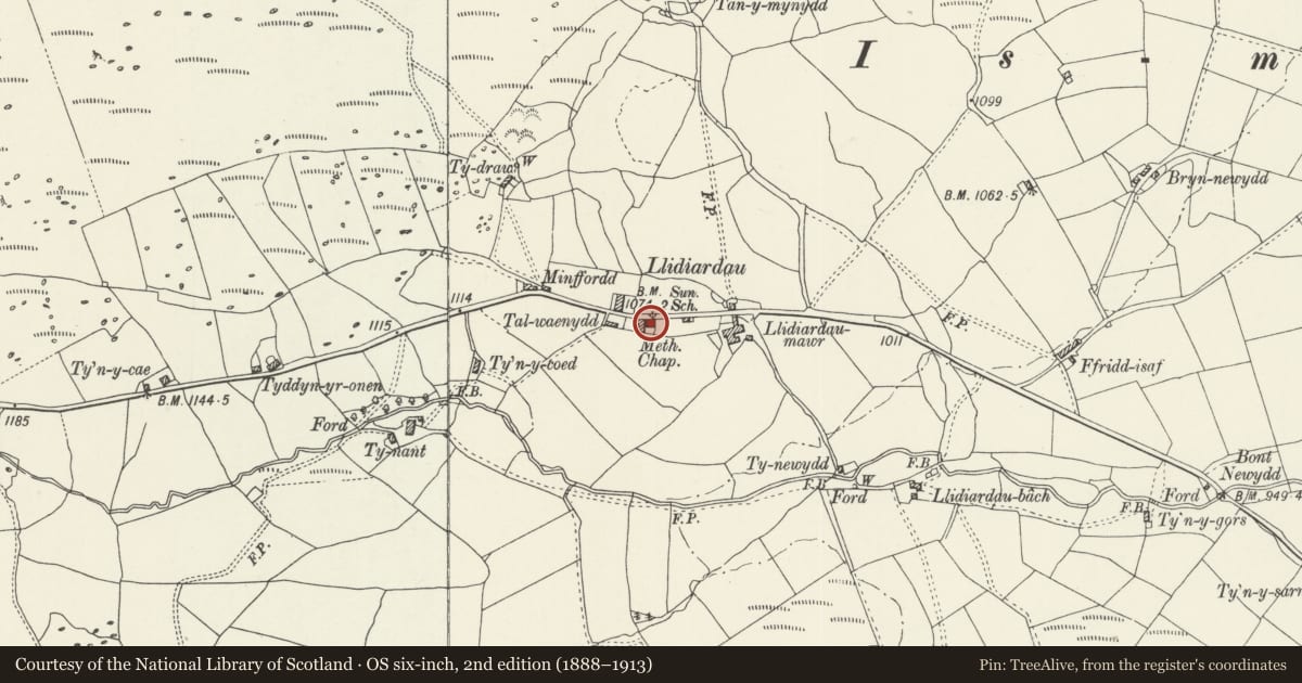 Ordnance Survey six-inch map, 2nd edition (1888–1913) covering the location of Llidiardau Chapel including adjoining Ty Capel, Llanycil, Gwynedd, with a pin at the register's coordinates