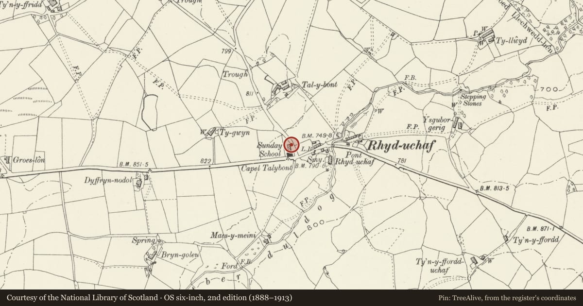Ordnance Survey six-inch map, 2nd edition (1888–1913) covering the location of Tal-y-Bont Chapel including forecourt walls and railings, Llanycil, Gwynedd, with a pin at the register's coordinates