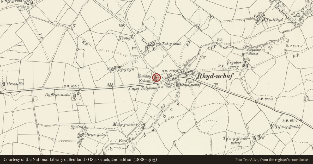 Ordnance Survey six-inch map, 2nd edition (1888–1913) covering the location of Ty Capel and School Room at Tal-y-Bont Chapel, Llanycil, Gwynedd, with a pin at the register's coordinates