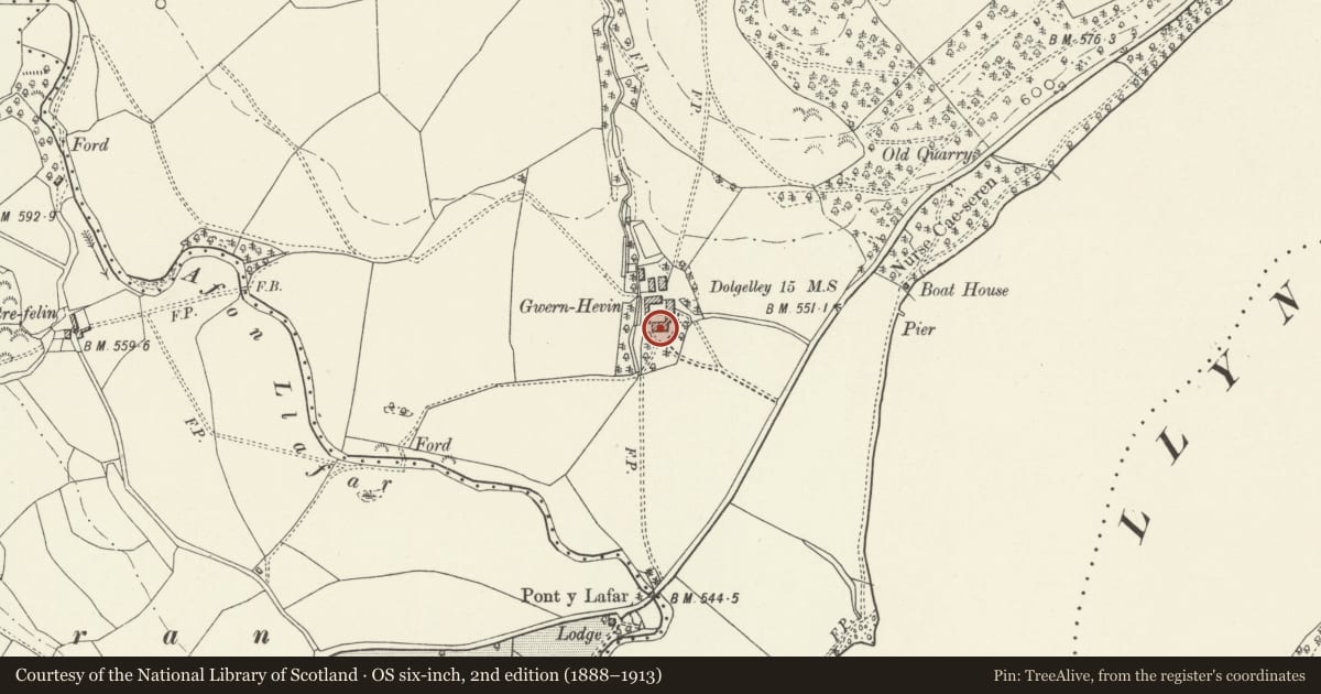 Ordnance Survey six-inch map, 2nd edition (1888–1913) covering the location of Gwernhefin including Quadrangular Agricultural Complex adjoining to N, Llanycil, Gwynedd, with a pin at the register's coordinates