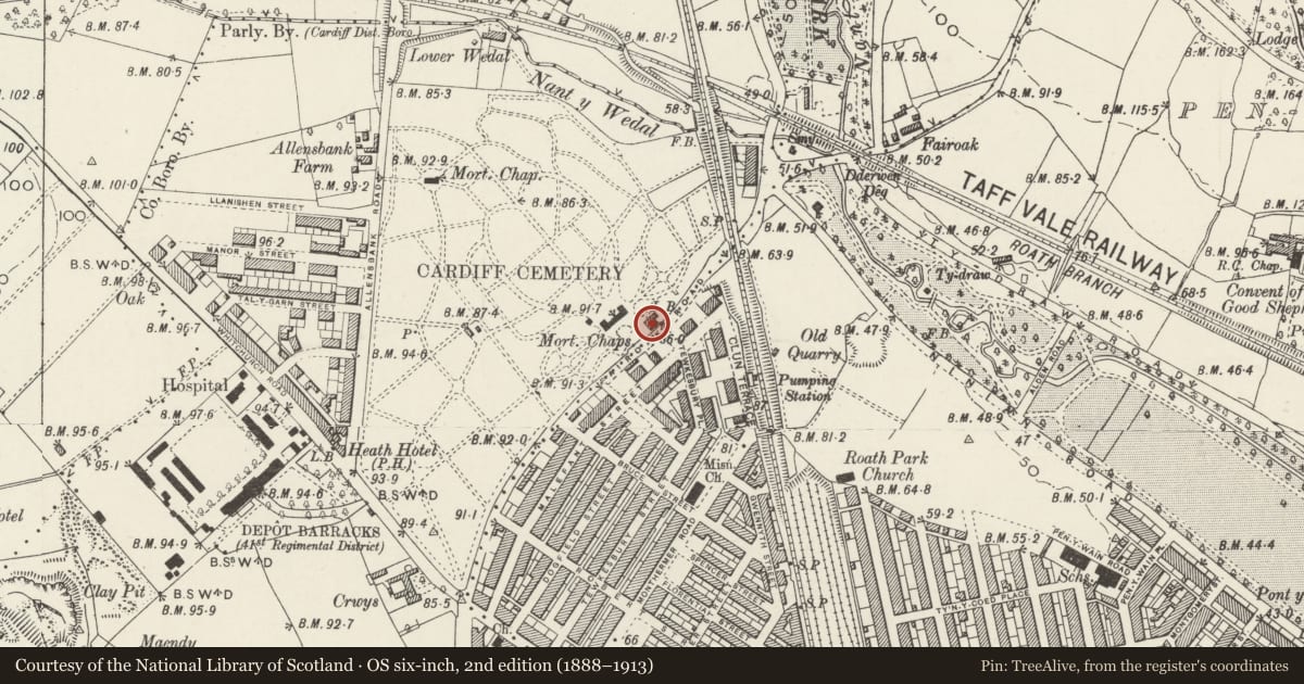 Ordnance Survey six-inch map, 2nd edition (1888–1913) covering the location of Cemetery House, including stable in yard, Cathays, Cardiff, with a pin at the register's coordinates