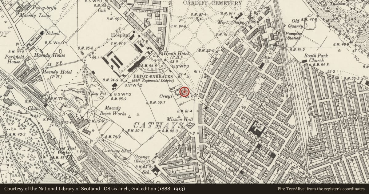 Ordnance Survey six-inch map, 2nd edition (1888–1913) covering the location of Gladstone Junior School, Cathays, Cardiff, with a pin at the register's coordinates